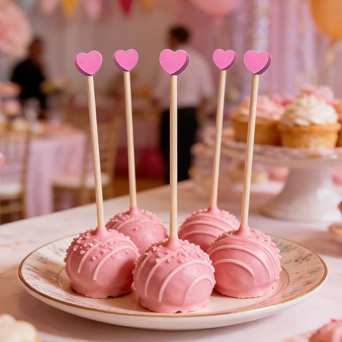 100 Pcs 6 Inch Pink Heart Shaped Valentine's Day Wooden Swizzle Sticks, Cocktail & Coffee Drink Stirrers, Rock Candy Sticks, Cake Pop Sticks, Lollipop Sticks for Anniversary, Wedding Party