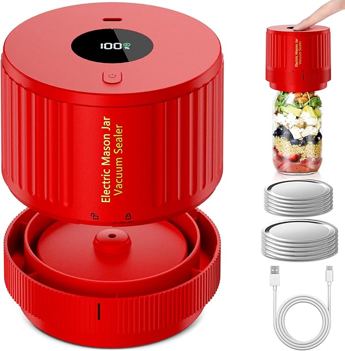 LOVE MOMENT Electric Mason Jar Vacuum Sealer Kit for Wide Mouth and Regular Mouth Mason Jar - Red