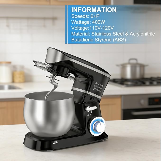 Electric Stand Mixer, Kitchen Mixer 6.5-Quart Tilt-Head, 6 Speeds with Dough Hook, Whisk, Beater, and Splash Guard, Stainless Steel Bowl for Baking—Perfect for Baking Bread, Cookies, Cakes