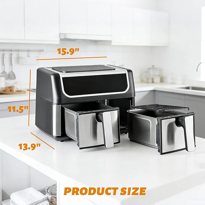 2 Baskets Air Fryer 9.5 QT, 10 in 1 Dual Air Fryers with Ceramic Crisper Plate, 80-450°F Wide Temp, Smart Cooking Mode with Match & Sync Cook, Shake Reminder, Roast, Defrost, Bake, Black