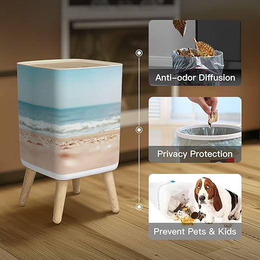 Small Trash Can with Lid Blurred sea Wastebasket with Press Cover Dog Proof Garbage Can Waste Bin for Kitchen Bathroom Nursery 2.6 Gallon