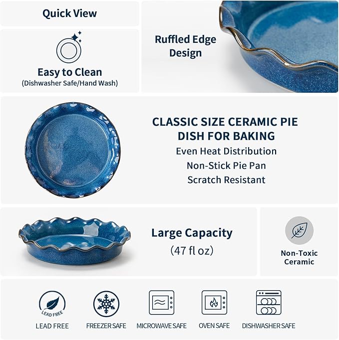 SIDUCAL Ceramic Pie Pan for Baking,Reusable NonStick Ceramic Pie Plate with Ruffled Edge,Deep and Fluted Pie Dish for Apple Pie,Quiche,Pot Pies, Tart, etc (Active Blue, 10.5 INCHES)