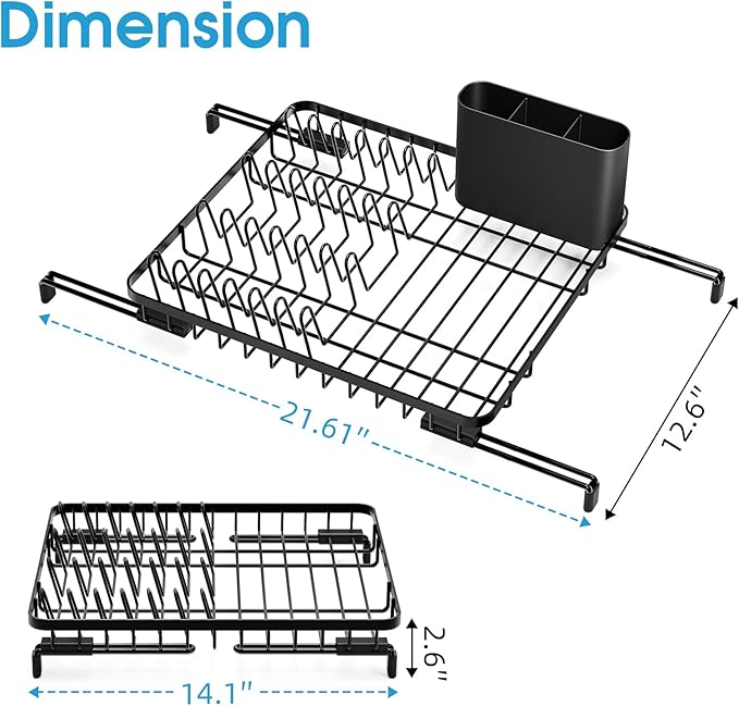 Urackify Over The Sink Dish Drying Rack, in Sink Dish Rack with Expandable Feet, Small Dish Drainer, Home Plate Dryer Storage Rack with Cutlery Holder, Black