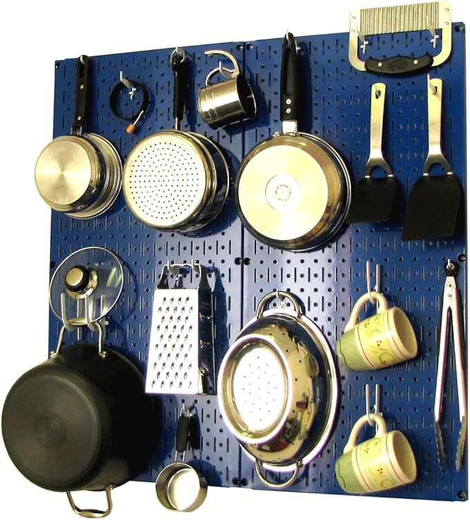 Wall Control Kitchen Pegboard Organizer Pots and Pans Storage Rack Organization Kit with Blue Pegboard and White Accessories