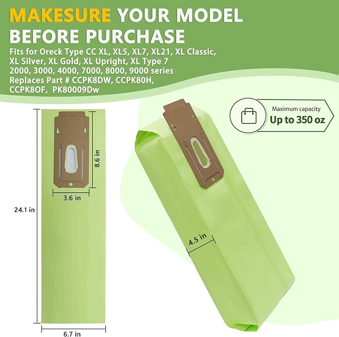 25 Pack Vacuum Bags Replacement for Oreck Type CC, Fit for All Oreck XL Upright Vacuum Cleaner, Replaces Part # CCPK8DW