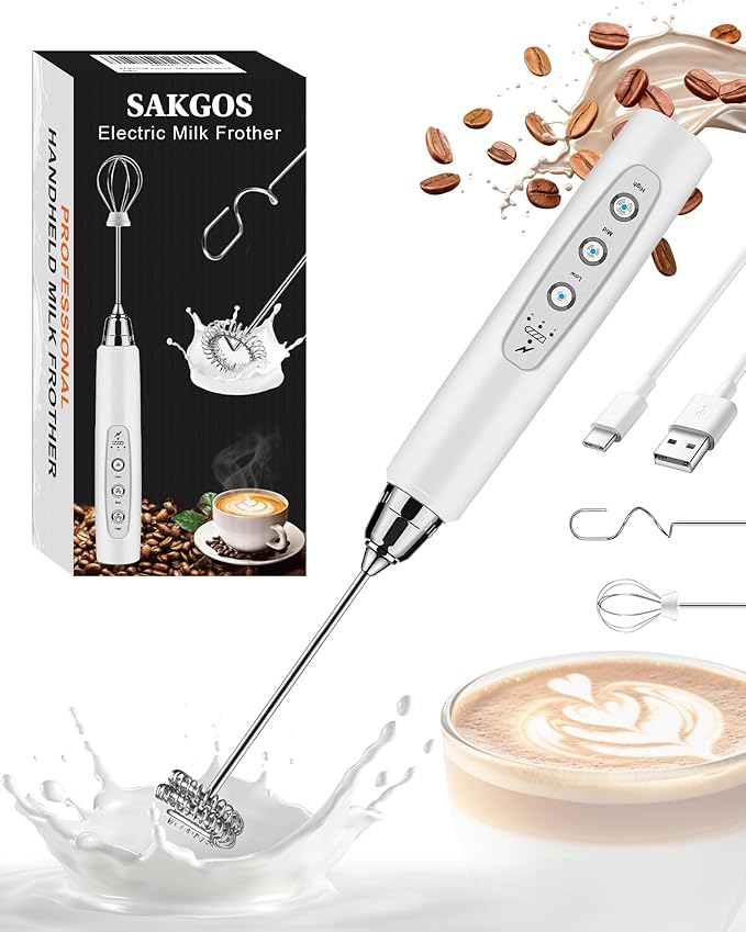 Sakgos Milk Frother Rechargeable Handheld-Electric Whisk 3 Speed Adjustable, Coffee Frother Wand with 3 Stainless Whisks, Electric Foam Maker, Drink Mixer Blender for Latte Cappuccino Matcha Egg