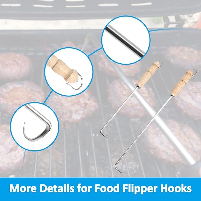 AJinTeby Food Flipper Hooks, Stainless Steel BBQ Turner Hooks Flips Meat Steak or Fish - 18-inch and 14-inch Meathooks Flipper