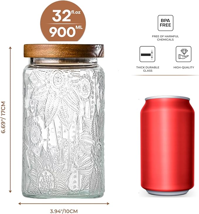 Adodeen 3-Pack 32oz Vintage Glass Jar With Lid, Glass Storage Containers, Airtight Kitchen Storage Containers For Sugar, Coffee, Tea, Spice, Flour, Candy Cookie, Pasta, Cereal
