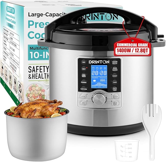 12 L/12.8 QT Commercial Pressure Cooker, 10-in-1 Pressure Cooker with Non-Stick Pot, 1400W Electric Pressure Pot with LCD Display, Slow Cook, Keep Warm, 24H Timer for 18-28 People Use