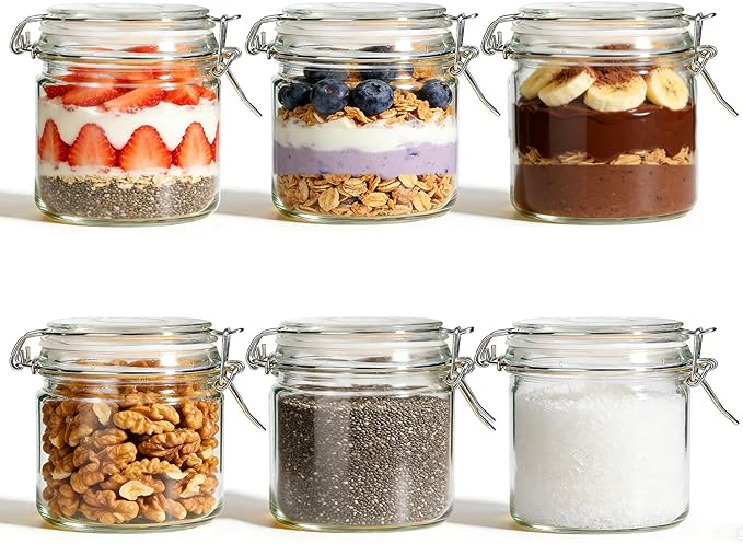 ComSaf 17oz Overnight Oats Containers with Lids 6-Pack, Wide Mouth Glass Jars for Meal Prep, 500ml Airtight Glass Canisters with Wire Clamp for Sourdough Starter, Fridge Pickling & Pantry Organization