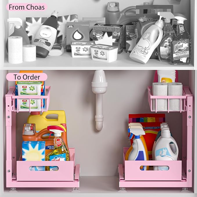 L-Shaped Under Sink Organizer, 2 Pack 2-Tier Pull Out Metal Kitchen Cabinet Organizer with Sliding Storage Drawer, Height Adjustable Heavy Duty Under Bathroom Sink Storage for Cleaning Supplies