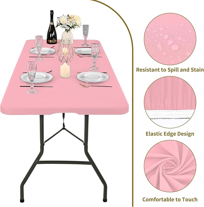 10 Pack Fitted Tablecloth for 8 Foot Rectangle Tables, Pink Elastic Outdoor Picnic Table Cover, Washable Stretch Folding Table Cloths 8 ft for Camping Party Patio Kitchen Banquet, 30" W x 96" L