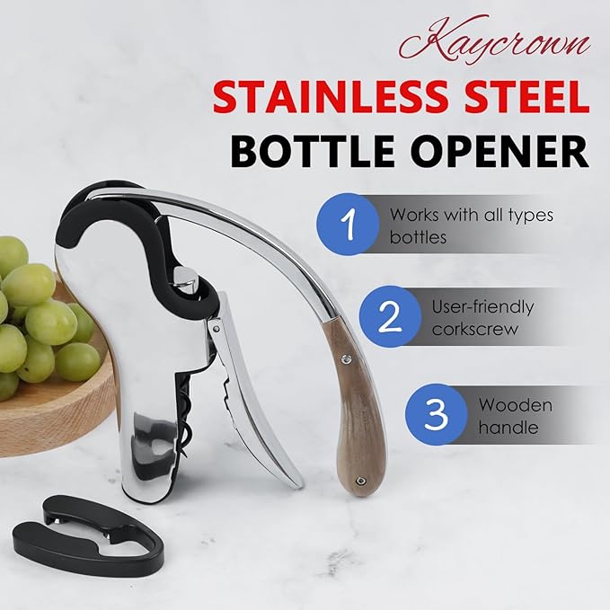 KAYCROWN Stainless Steel Wine Bottle Opener, Vertical Lever Corkscrew with Built-in Foil Cutter Design, Manual Handheld Corkscrew with Ergonomic Lever Pump