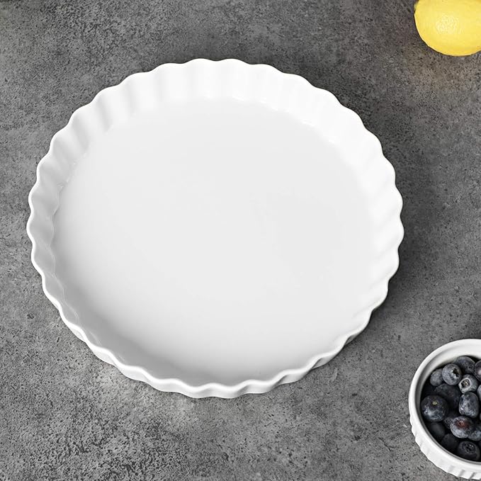ONTUBE Pie Pans 11 Inches Ceramic Quiche Pans, Round Pie Tins for Baking,Oven Saf (White, 11" x 1 Pieces)