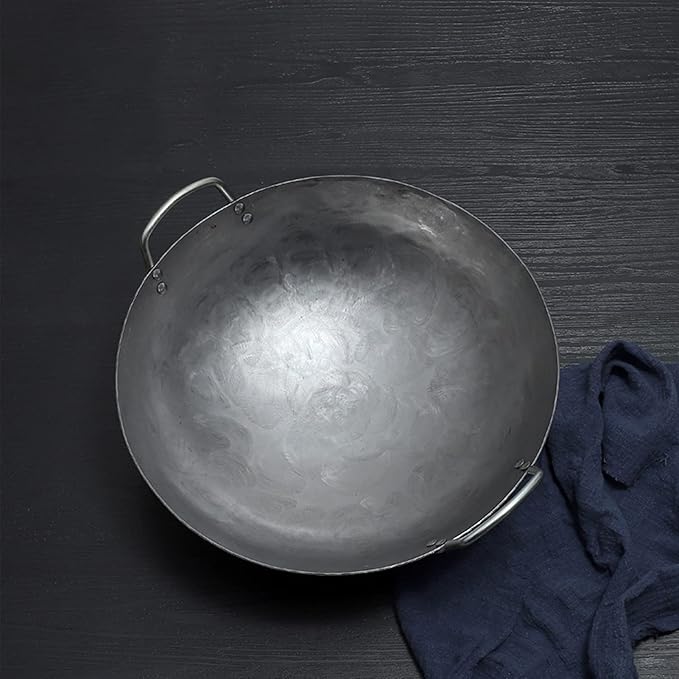 Wok Pfanne Traditioneller Handgehämmerter Wok Aus Refined Iron Mit Two Handles，1,8 MM Dick Wok (Rundboden) (Size : 34cm/13.3in)