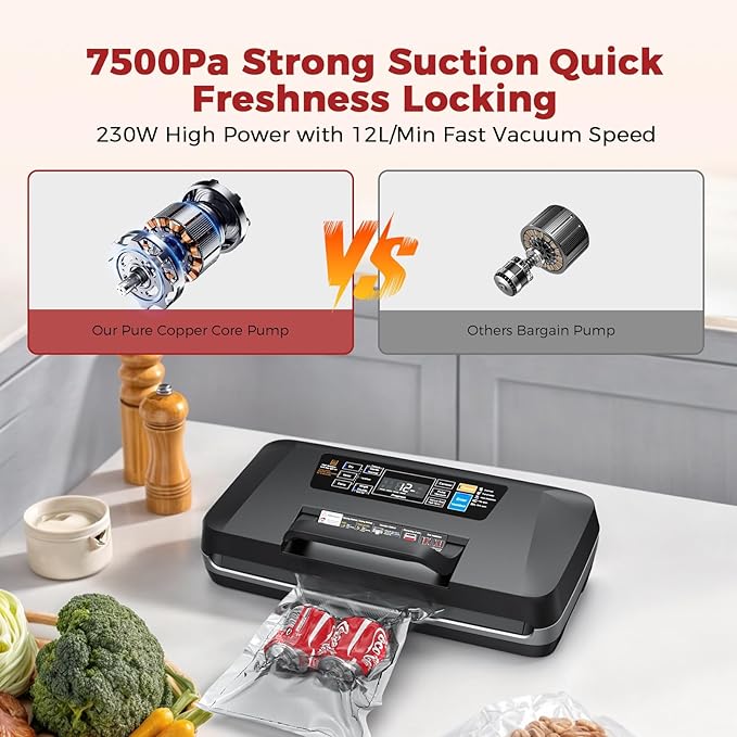 95KPa Vacuum Sealer Machine for food,Full Automatic with Double 12mm Heat Seal, 10in 1 Modes, Built in Cutter & Bag Storage, Includes 1 Roll and 10pcs Pre cut Bags