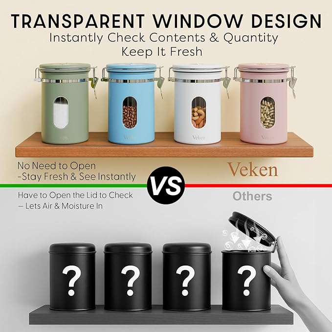 Veken Coffee Canister with Window, Airtight Stainless Steel Kitchen Food Storage Container with Lids, Date Tracker and Scoop for Grounds Coffee, Beans, Tea, Flour, Cereal, Sugar Jars, 22OZ, Green
