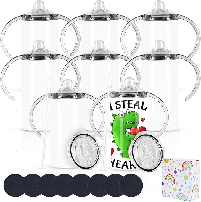 12 Oz Sublimation Sippy Cup Tumblers 8 Pack With Handle, Straight Sublimation Blanks Kids Tumbler, Stainless Steel Todder Water Bottle