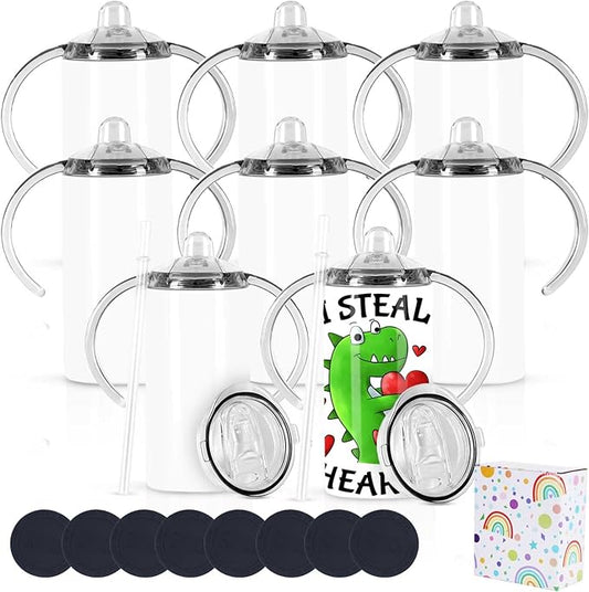 12 Oz Sublimation Sippy Cup Tumblers 8 Pack With Handle, Straight Sublimation Blanks Kids Tumbler, Stainless Steel Todder Water Bottle