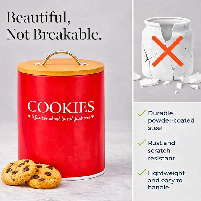 D'Lifeful Farmhouse Airtight Cookie Jar with Bamboo Lid - Kitchen Counter Storage Container for Cookies or even Candy (Red, Small Size (6.5" x 5.25"))