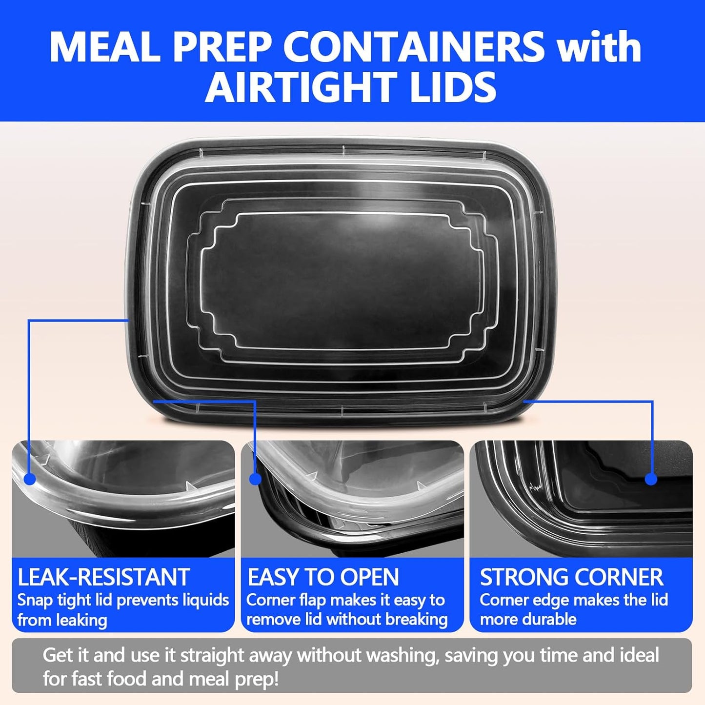 50 Pack (100-Piece) - 28oz Meal Prep Containers Salad & Snack Storage for Lunch | BPA Free & Leakproof Food Containers | To Go Take Out Plastic Bento Box | Microwave, Freezer, Dishwasher Safe