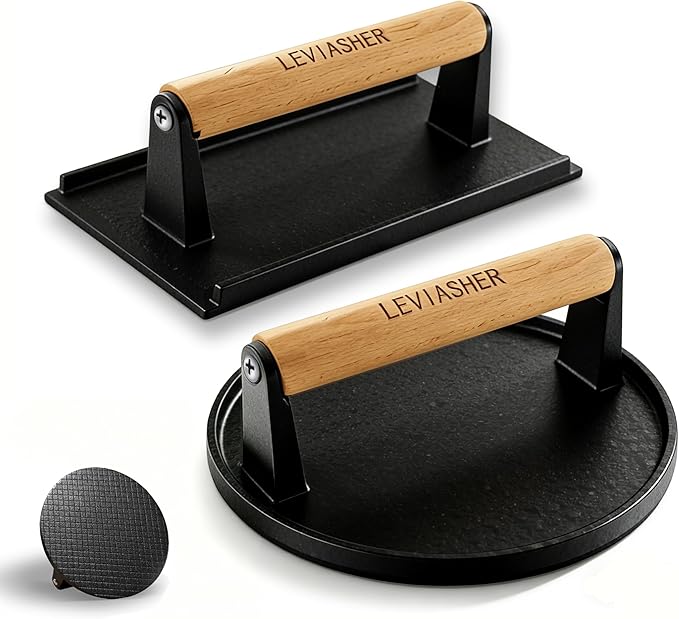 2Pcs 2.2lb Heavy Duty Cast Iron Grill Press, 6.7" Round 7.8X3.9" Rectangle Burger Press with Wood Handle for Blackstone, Griddle, Chef, Camp, Panini, Vegetable, Bacon, Sandwich, BBQ, Grid-patterned