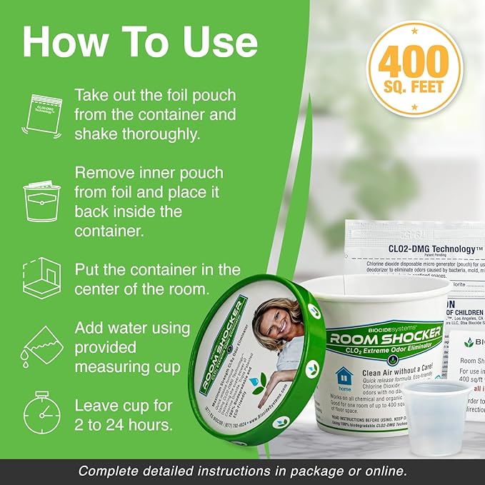Biocide Systems Room Shocker Strong Odor Eliminator for Home & Office, Eco-Friendly Chlorine Dioxide Odor Bomb for House Interior Up to 400 Square Feet of Floor Space (2-Pack)
