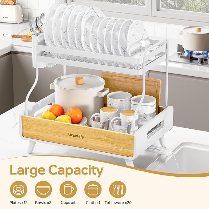 Urackify 2-Tier Dish Drying Rack, Large Stainless Steel & Bamboo Dish Rack for Kitchen Counter, Dish Drainers with Adjustable Automatic Spout, Drying Rack Kitchen with Utensil Holder, White