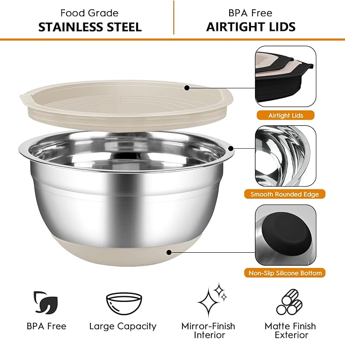 CHAREADA Mixing Bowls with Airtight Lids, 18pcs Stainless Steel Nesting Colorful Mixing Bowls Set Non-slip Silicone Bottom, Size 4.5, 3.6, 2.7, 2.1, 1.7, 1.1, 0.7 qt, Fit for Mixing & Serving (Khaki)