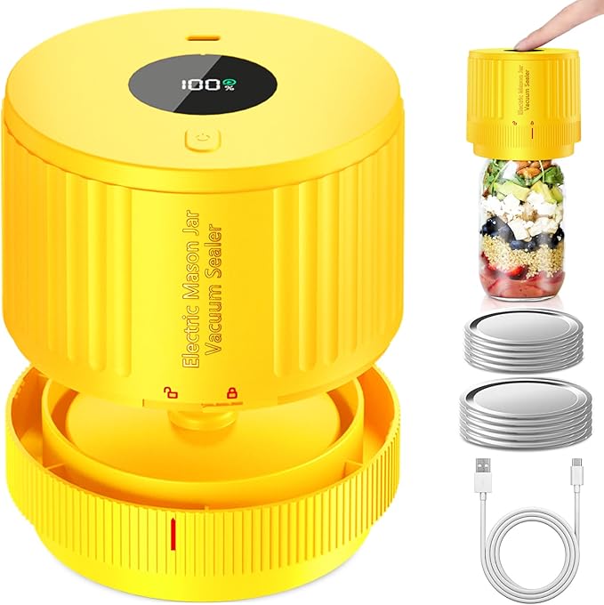 LOVE MOMENT Electric Mason Jar Vacuum Sealer Kit for Wide Mouth and Regular Mouth Mason Jar - Yellow