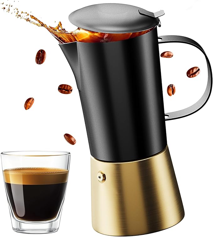 Stovetop Espresso Maker, Stainless Steel Moka Pot 6 Cup, Gold Espresso Maker (12 fl oz), Italian Coffee Pot, Compatible with Gas, Electric and Induction, Black & Gold Finish