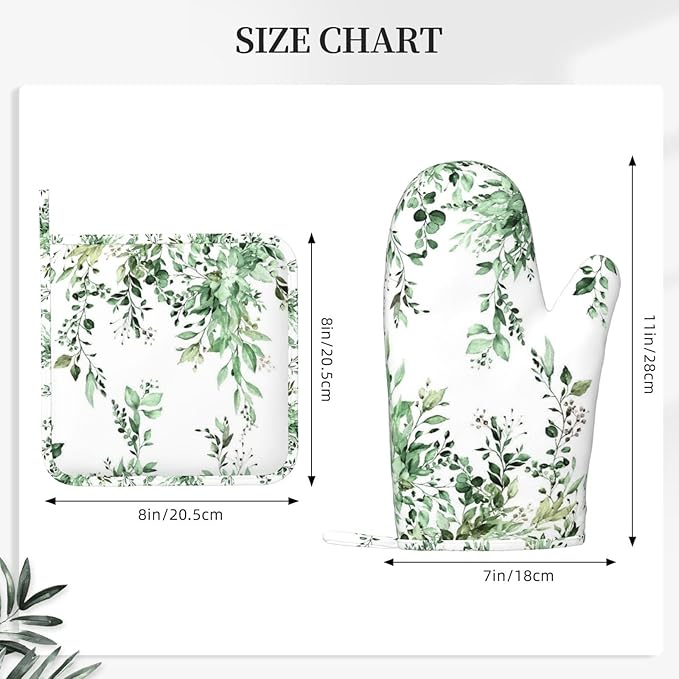 Olive Green Eucalyptus Oven Mitts and Pot Holders Set, 4pcs Silicone Watercolor Plant Leaves with Floral Oven Glove for Kitchen Heat Resistant Oven Mitts and Potholders Non-Slip for Cooking