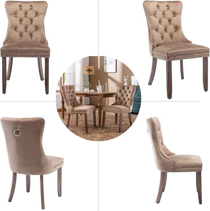 Upholstered Dining Chairs Set of 2, Velvet Dining Room Chairs with Back Ring Pull Trim and Solid Wood Legs, Tufted Wingback Kitchen Chair Perfect for Dining Room,Living Room,Kitchen(Khaki)