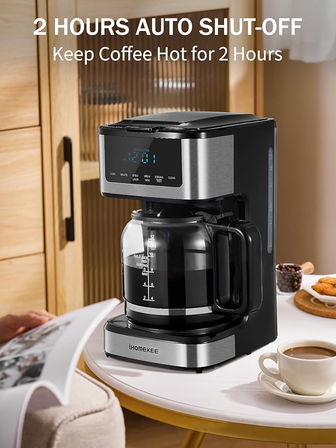 Ihomekee Coffee Maker, Programmable Drip Coffee Maker 12 Cup, Regular & Strong Brew Drip Coffee Machine with Iced Coffee Function for Home and Office, Black & Stainless Steel (Black,Silver)