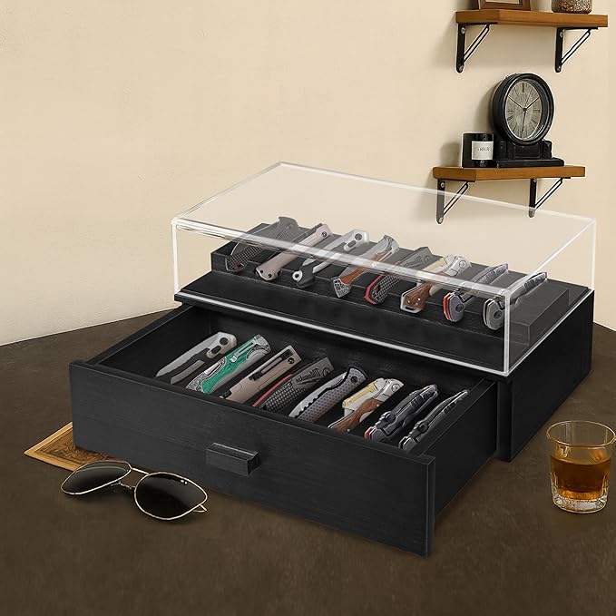 Knife Display Case,2 Tier Wooden Pocket Knife Collection Case with Acrylic Lid, Pocket Knife Storage Drawer Organizer, Black