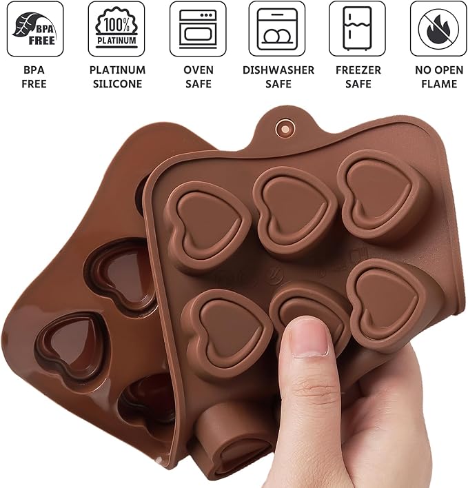 Puyeipt 4 Pcs Silicone Chocolate Molds, Non-Stick Candy Molds for Making Bite Size Chocolates, Candies, Truffles, Gummies, Jelly (Heart, Sunflower, Rose, Square, Swirl Shaped)