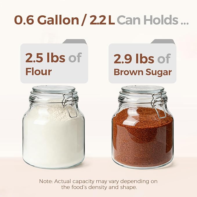 ComSaf 2-Pack 74oz (0.6 Gal) Wide-Mouth Glass Jars with Airtight Clamp Lids, Large Food Storage Containers for Flour, Sugar, Coffee & Pantry Organization, Includes Measuring Cup & Reusable Labels