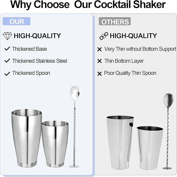 Mwellewm Cocktail Shaker Boston Shaker Set 15 Pcs Professional Bartender Kit Bar Shaker Stainless Steel Drink Shaker Bartending Martini Shaker Tin Mixed Alcohol Shaker Tool for Beginner(Silver)