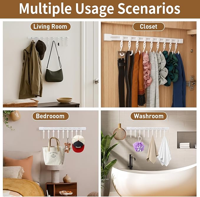 Kitchen Utensil Hanging Rack - Hooks for Kitchen Utensils, No Drilling Wall Mounted Utensils Holder, Kitchen Rail Rack with 10 Hooks Hanger for Bedroom Bathroom (Pack of 4)