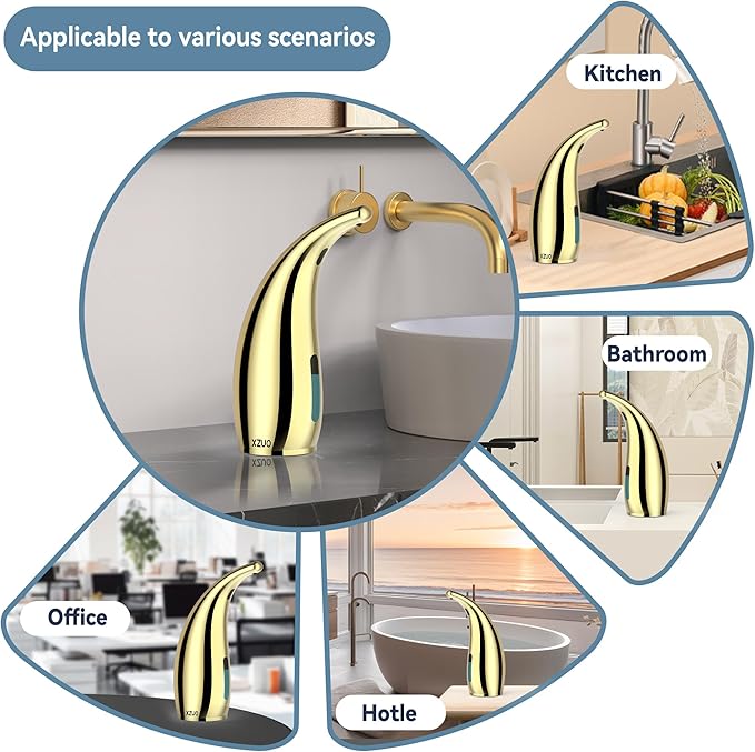 Automatic Soap Dispenser with Infrared Sensor - Adjustable 4-Level Touchless Hand Soap for Kitchen, Bathroom - Battery Operated Electric Dispenser, Durable Plastic, Smart Soap Holder (Gold)