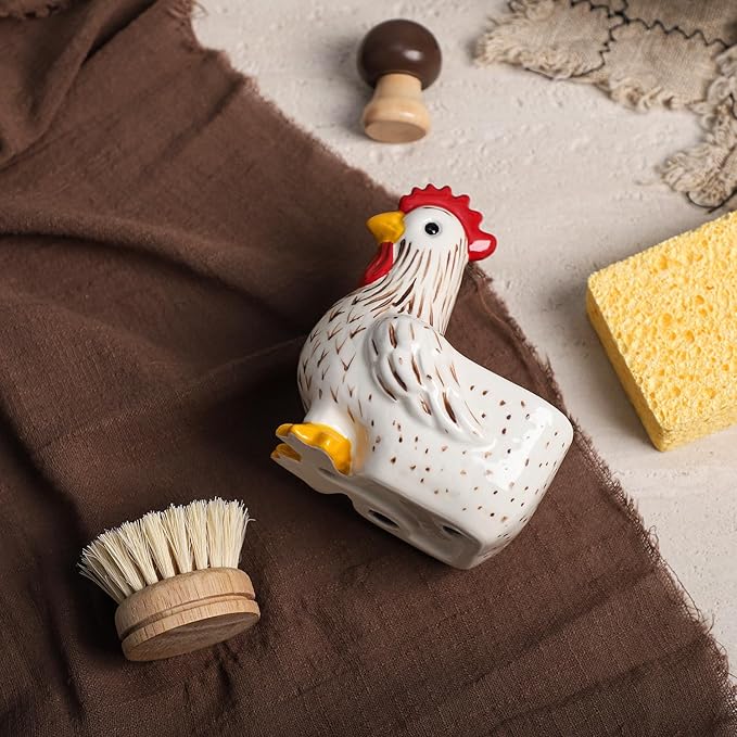 Ceramic Retro White Rooster Shape Sponge Holder for Kitchen Sink, Compact Sink Caddy Organizer, Scouring Pad and Dish Sponge Holder, A