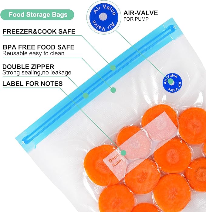 Higfra Reusable BPA Free Vacuum Sealer Bags (8.5 * 8.5in), 31 Pcs (24 Pcs Vacuum Zipper Bag & 2 Seal Clips & 5 Air Valves), Plastic, Clear, Double Zipper Seal, Microwaveable, Food Storage, Cooking