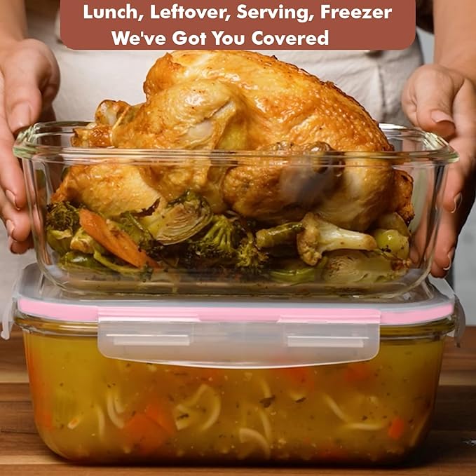 Razab 4 PC 1860ml / 63 Oz / 8 Cups Large Glass Food Storage Containers with Lids - Glass Meal Prep Containers for Roasting & Storing Leftover, Lunch Container with Lids, Microwave & Oven Safe