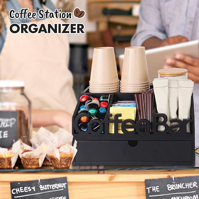 Coffee Bar Organizer for Countertop - Wooden Coffee Organizer Condiment Station, Coffee Station Organizer for Home & Office, K Cup Stand for Counter, Tea Box - Black Drawer Type
