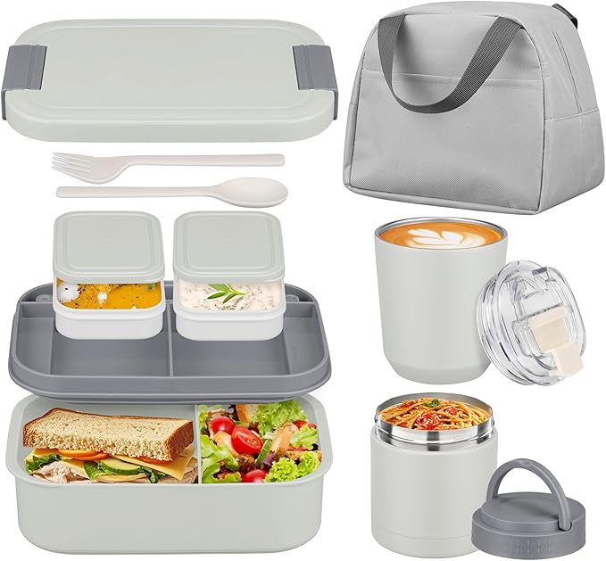 Large Bento Lunch Box Set for Adults Kids Women with 10.5oz Soup Thermo,Coffee Tumblers Men Girls Boys Teenagers Leak-Proof Lunch Food Containers with Lunch Bag