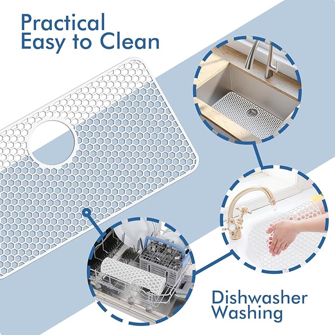 Bestjing Silicone Sink Protectors for Kitchen Sink - 26"x 14" Kitchen Protector Accessory, Non-Slip Heat Resistan Mat for Bottom of Farmhouse Stainless Steel Porcelain (Rear Drain Hole,White)