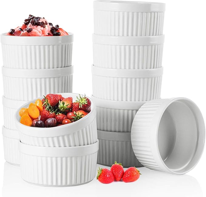 Foraineam 12 Pieces 8 oz Porcelain Souffle Dishes, Oven Safe Ramekins White Bakeware Set Dessert Custard Baking Dishes Cups for Baking, Cooking, Serving and More