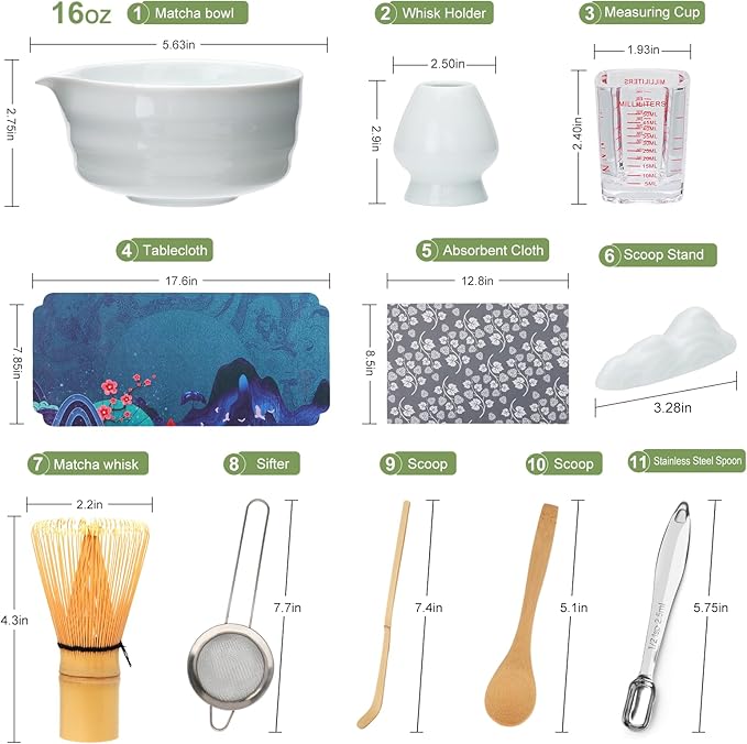 Matcha Whisk Set,11Pcs Matcha Set,Matcha Kit,Whisk Made from 100% Natural Bamboo, 11-component set for all your matcha-making needs,Contains stainless steel spoon, measuring cup(white)