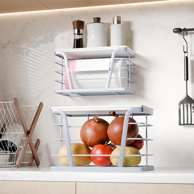 2 Pack Gray Trash Bag Organizer for Kitchen and Pantry, Upgraded Stackable Metal Garbage Bag Holder with Bamboo Top, Modern Under Sink Storage Dispenser for Laundry Room, Garage
