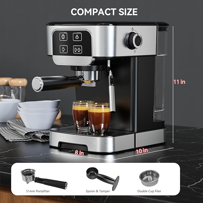 Espresso Machine 20 Bar with Steam Milk Frother, Stainless Steel Coffee Machine with Removable Water Tank for Cappuccino,Latte, Compact Stainless Steel Coffee maker for home,Great Gift